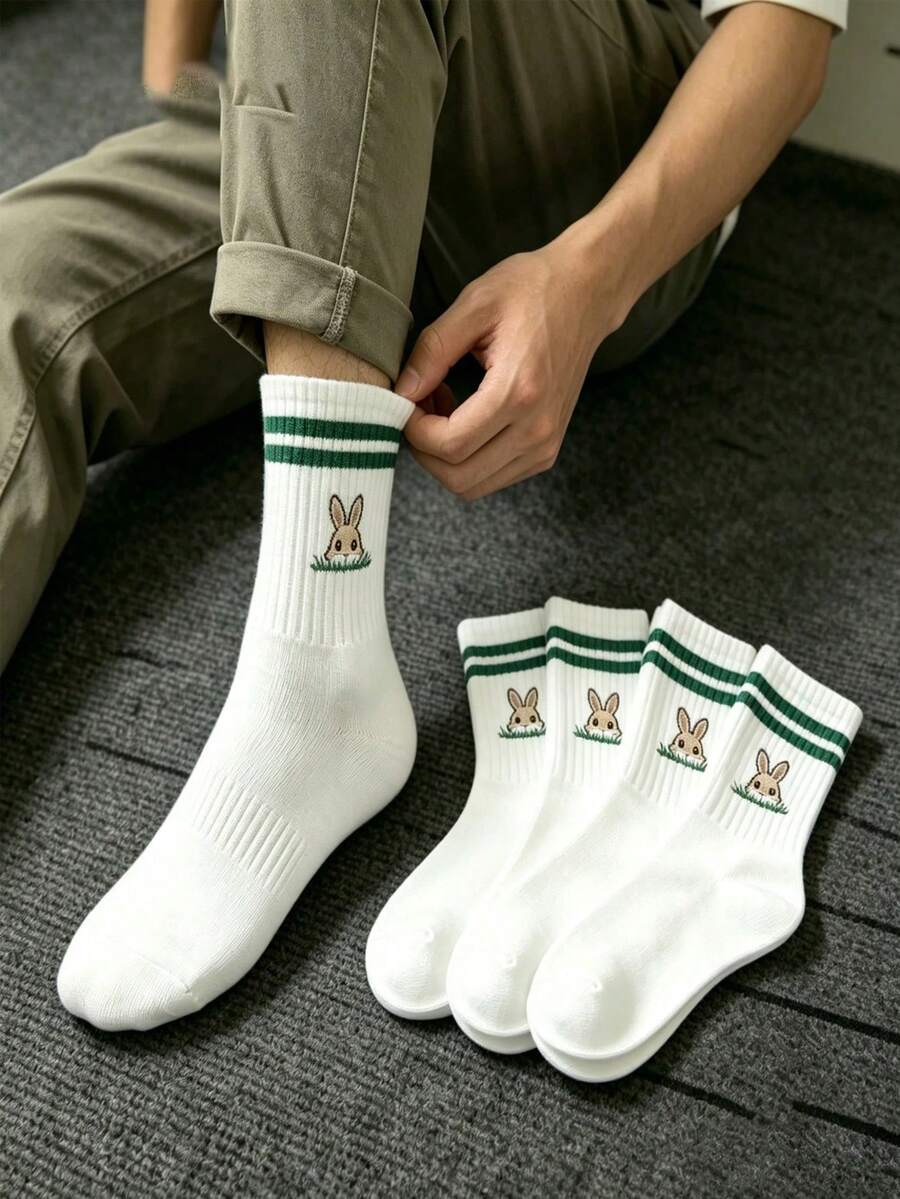 5 Pairs Men's Cute Rabbit Jacquard Cartoon Pattern Mid-Calf Socks, Contrast Stripe Design, Versatile Socks For Daily Wear - Multicolor - View 1