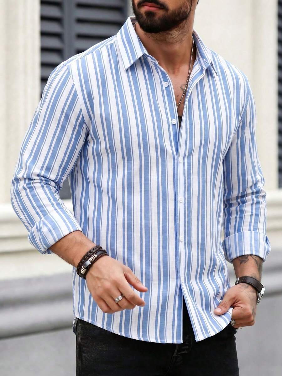 Men's Striped Versatile Single-Breasted Casual Long Sleeve Shirt, Suitable For Daily Wear And Holiday Gift - Blue and White - View 1