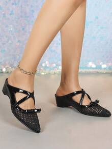 Black Mesh Pointed Toe Wedge Pumps - Black - View 4