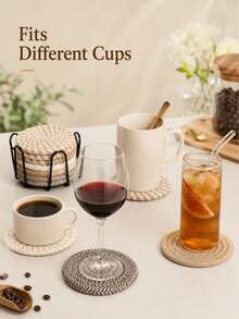 Minimalist Woven Coaster Set With Storage Rack, 4-Color Absorbent Drink Coasters, Heat-Resistant Thickened Insulation Pads, Suitable For Coffee Cups, Mugs And Glass Cups, Kitchen Tabletop Protection And Home Decor - Multicolor - View 5