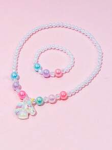 2pcs/Set Girls Cute Cartoon Unicorn Beaded Jewelry Set Necklace Bracelet Daily Accessories Party Gift - one-size - View 5