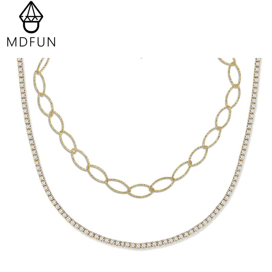 MDFUN 2件組混金屬層次項鍊套組,不鏽鋼迴紋針/橢圓鏈條 + 銅色 3mm CZ 鑽石網球疊戴項鍊,女款 - 金色 - 查看 1