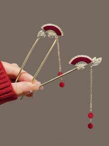 2pcs Burgundy Velvet Fan Rhinestone Tassel Hair Stick, Elegant Chinese Style Hair Jewelry For Wedding Party Daily Vacation - Multicolor - View 8