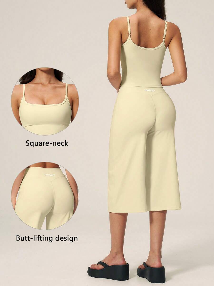 TimeOff Women's One Set Solid Color Adjustable Strap Camisole Tank Top & Wide Leg Mid-Length Pants Sports Set - Yellow - View 1