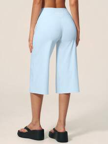 TimeOff Women's 1pc Solid Color Tummy Control Wide Leg Mid-Length Sports Pants - Baby Blue - View 3
