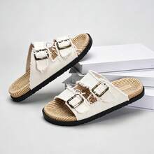DISARCON 1 Pair Men's Summer Sandals, Suitable For Outdoor Sports, Daily Wear, Vacation, Beach, Double Strap Design With Adjustable Upper Size, Vintage Classic Style, Breathable Canvas Upper, All-Season Indoor Slippers - Beige - View 3