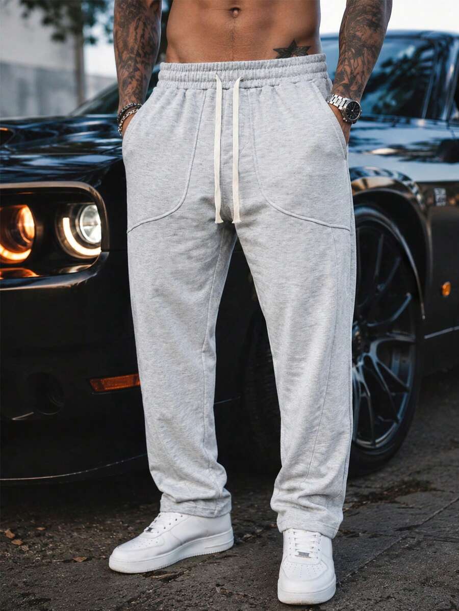 Men's Autumn Solid Color Sports Jogger Pants | Slanted Pockets & Elastic Waistband Drawstring Fashion Stitching | Casual Essential Straight Leg Pants - Light Grey - View 1