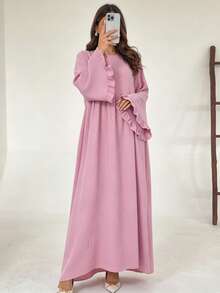 Conservative Abaya Long Dress With Ruffle Cuffs, Pleated Fabric Layered Waist Muslim Long Dress, Casual Islamic Clothing - Multicolor - View 1