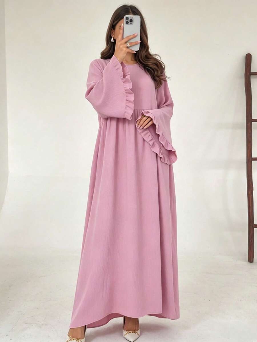 Conservative Abaya Long Dress With Ruffle Cuffs, Pleated Fabric Layered Waist Muslim Long Dress, Casual Islamic Clothing - Multicolor - View 1
