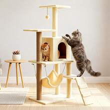 Multi-Level Large Cat Tree Tower With Condo House, Hammock Bed, Ladder & Scratching Sisal Posts, 125cm Tall Indoor Cat Activity Play Center With Hanging Ball Toy For Kittens & Adult Cats - Beige - View 9