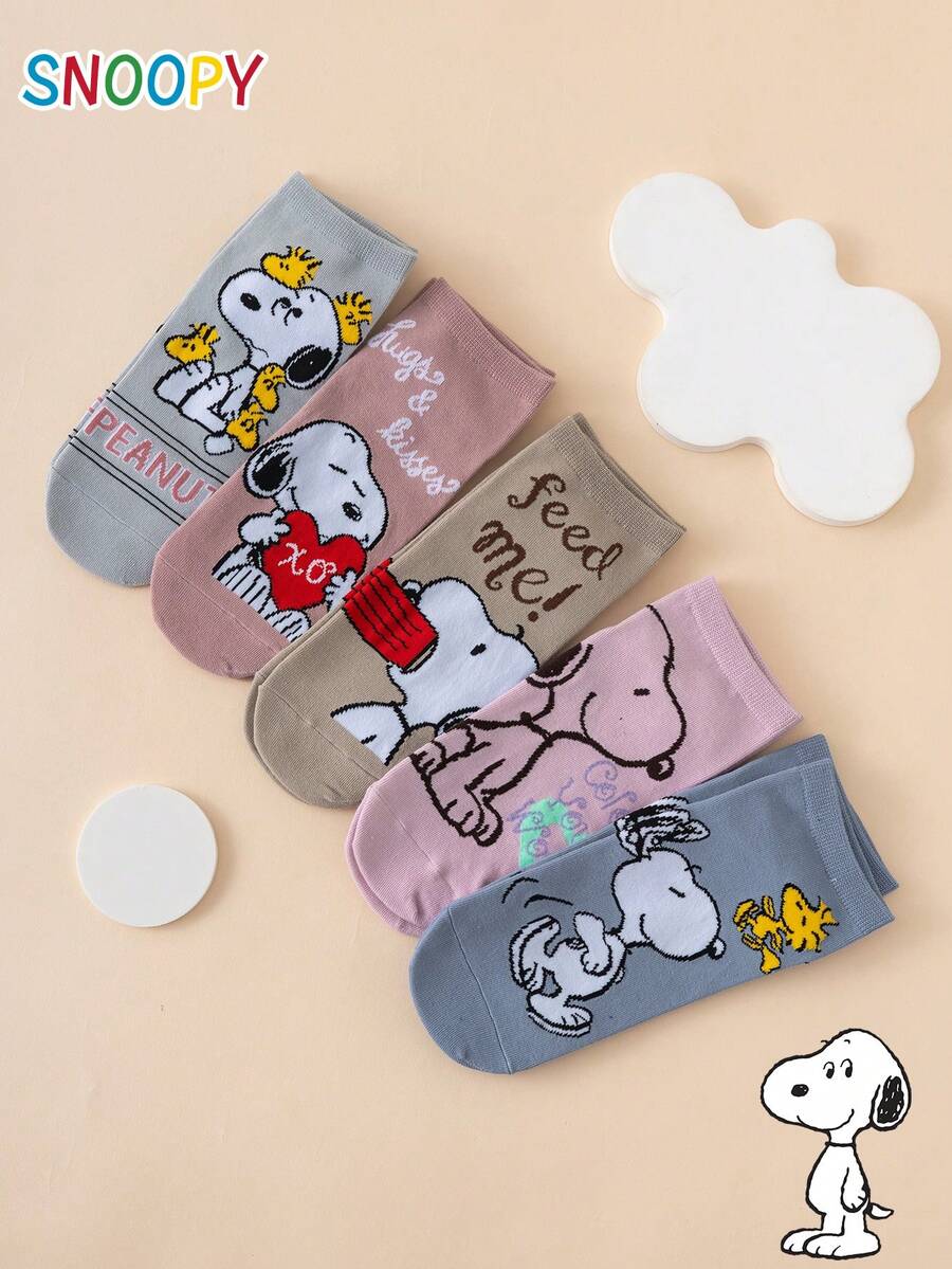 5 Pairs SNOOPY Genuine Charlie Brown Puppy Cartoon Pattern Women's Straight Socks - Multicolor - View 1