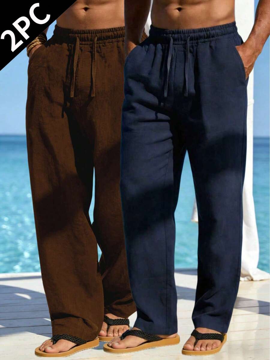 Men's Spring/Summer Thin Casual Long Pants, Minimalist Solid Color Pocket Drawstring Pants, Comfortable Loose Linen Long Pants 2 Pieces
