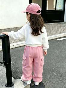 Baby Girl Heart Pattern Printed Warm Crew Neck Sweatshirt And Cargo Pants - White - View 2