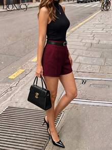 DONICY Women's Office Burgundy High-Waist Slim Fit Shorts, Crisp Fabric, Front Pleat Design, Slim Fit, Suitable For Spring Commute And Casual Wear - Burgundy - View 7