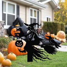 2D Flat, 1pc Halloween Garden Sign - Witch Cat, Crow Broom Lawn Decoration, Durable Outdoor Yard Or Home Decor, Easy To Install In Ground, No Electricity Required, Spooky Halloween Party Decoration Suitable For Porch, Fence Or Lawn, Classic Holiday Decor, Broom Silhouette, Holiday Decoration, 2D Flat - B - View 3