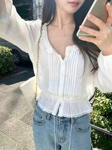 Elegant Gentle V-Neck Frill Trim Cinched Waist Casual Blouse For Women - White - View 4