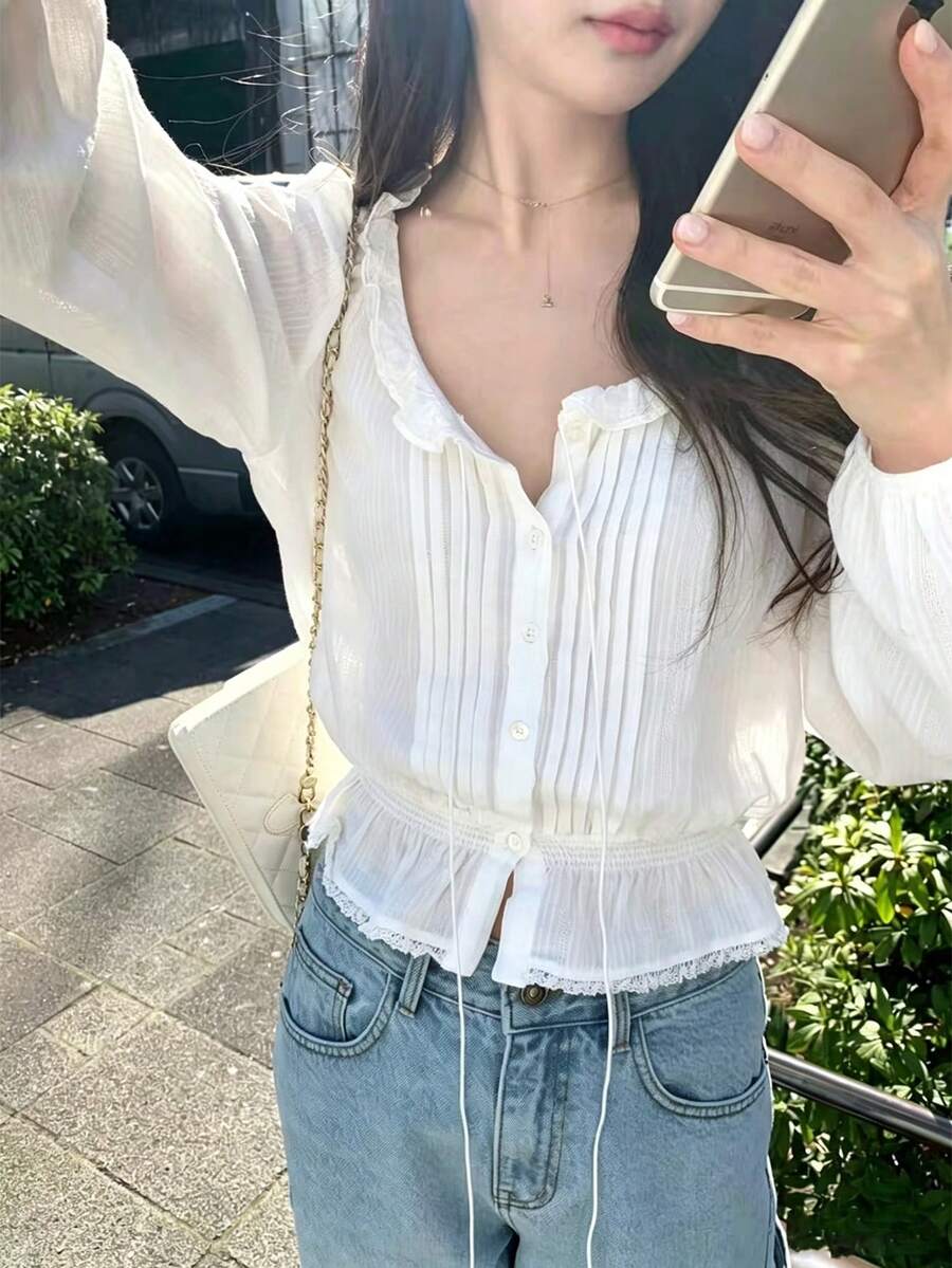 女款優雅溫柔V領荷葉邊收腰休閒襯衫 - 白色 - 查看 1