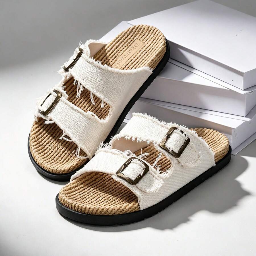 DISARCON 1 Pair Men's Summer Sandals, Suitable For Outdoor Sports, Daily Wear, Vacation, Beach, Double Strap Design With Adjustable Upper Size, Vintage Classic Style, Breathable Canvas Upper, All-Season Indoor Slippers - Beige - View 1