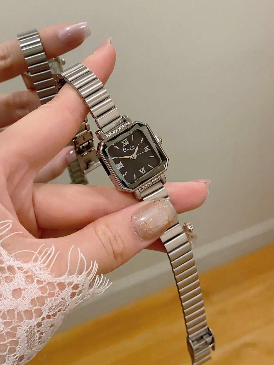 1件復古銀色不鏽鋼方形小錶盤女款手錶,時尚優雅石英女士腕錶,適合日常配戴 - 銀色 - 查看 1