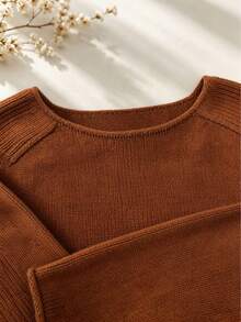 Suéter de cuello redondo verde para mujer, vintage fresco, casual para primavera, suéter de manga larga de poliéster acanalado de unicolor para primavera/otoño marrón - Marrón - Ver 6