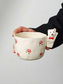 Creative Bear Handle Ceramic Mug, Hand-Painted Rose Flower Asymmetrical Hand-Molded Cup, Home Breakfast Oatmeal Coffee Water Cup, Girly Gift Cup, Souvenir Gift - Multicolor - View 17