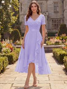 MIUSOL Rok Panjang Elegan Model Ball Party dengan Leher V, Hiasan Payet, Renda, Patchwork, dan Bahan Chiffon, Cocok untuk Tamu Pernikahan, Makan Malam, dan Acara Musim Panas. - Mauve Purple - View 4