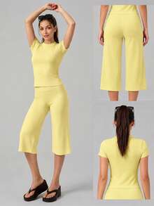 Sodalemon Women's Fitness Training Set, Round Neck Short Sleeve Yoga T-Shirt + Wide Leg Capri Pants, Solid Color Elastic Ankle-Length Pants, 2-Piece Set - Yellow - View 8