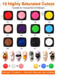 TWOING 12 Colors Halloween Solid 3D/4D Sculpture Carving Gel Set With Nail Art Pen, Embossed Painting Gel Kit For DIY Raised Nail Art Designs - Multicolor - View 3