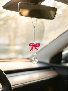 1pc Multi Color Bowknot Crystal Rearview Mirror Hanging Charm, Aesthetic Resin Bow Teardrop Crystal Car Pendant, Women Fashion Car Interior Decor Ornament, Multiple Color Options Auto Accessories Gift - A - View 10