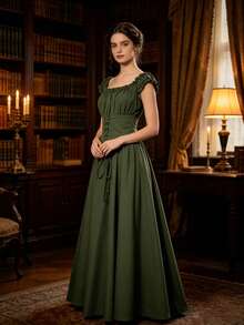 Halloween Medieval Corset Waist Dress, Renaissance Gothic Gown, Cosplay Outfit For Party & Stage Performance Fall - Olive Green - View 2