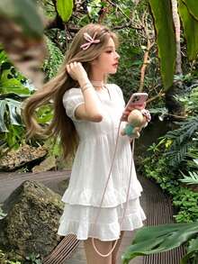 Gaun Mini Musim Panas Manis dengan Hiasan Ruffle dan Tali Leher untuk Wanita Bertubuh Mungil, Warna Putih Elegan - Putih - View 6
