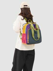 Mochila de nailon ligera con combinación de colores, mochila tote de gran capacidad con transporte bidireccional y detalle de cordón para viajes escolares - Multicolor - Ver 4