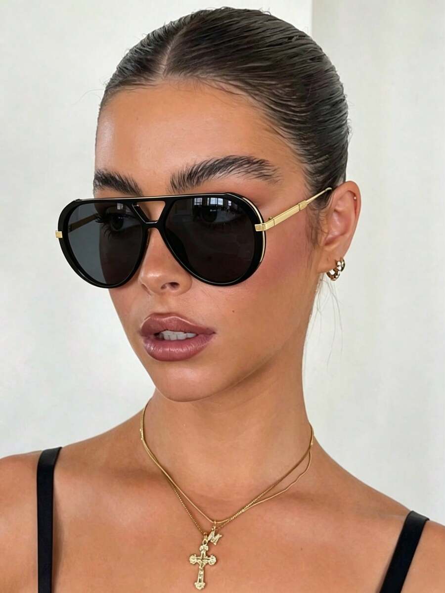 1 Pair Vintage Aviator Fashion Glasses, Suitable For Outdoor Travel And Personalized Photography, Applicable For Parties, Business Casual, Beach Vacation, Back To School, Collegiate Style And Campus Style, Also Can Be Used As Seasonal Outfit Accessory - black gray - View 1