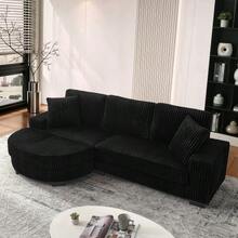 L-Shaped Corner Sofa – 4-Seater Sofa, 256.5 X 133.5 X 89 Cm, Classic Corduroy, Modular Design With Oval Ottoman - 黑色 - 查看 6