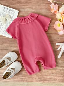 Baby Girl Pink Swan Embroidery Romper, Ribbed Soft Infant Jumpsuit, Side Snap Closure - Pink - View 3