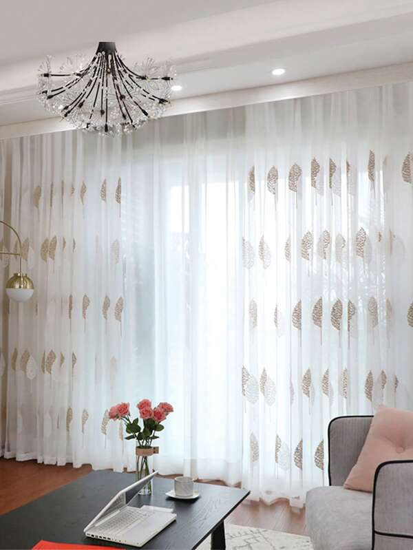 1pc Brown Leaf Pattern Sheer Curtain, Pastoral Style Polyester Embroidered Sheer Curtain, Suitable For Living Room, Bedroom Windows And Door Decoration, Curtain Rod Not Included