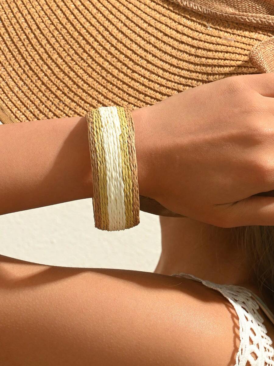 1pc Bohemian Vacation Style Handmade Woven Raffia Mixed Coffee Color Round Bracelet Suitable For Women's Daily, Vacation, Party Wear (Handmade Weaving Method Random) - Mixed Coffee Color - View 1