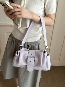 Bolso de hombro de moda dulce para dama, bolso de estilo coreano fresco para llevar bajo el brazo con remaches, hebilla, forma cuadrada, diseño plisado, gran capacidad - Púrpura malva - Ver 5