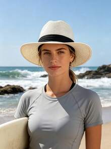 Women's Colorblock Fashion Summer Sun Protection Versatile Woven Jazz Wide Brim Straw Hat, 1pc - Khaki - View 8