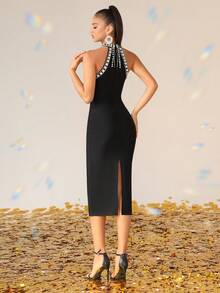 Love Aing Black Sleeveless Bandage Maxi Dress Hand Sparkle Rhinestone, Luxury Evening Gown For Party Wedding Guest Stage & Autumn - Black - View 10
