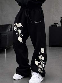 HEYKESON Men's Floral Print Wide Leg Sweatpants With Drawstring Waist, Casual Streetwear Long Pants - Black - View 3