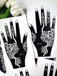 8件組 Mehndi 漢娜紋身模板套裝，傳統花卉圖案 Mehndi 模板，可重複使用手部紋身貼紙，適用於節日、海灘派對 DIY 裝飾 - 黑色 - 查看 8