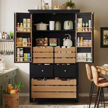 Kitchen Cabinet (80 X 40 X 140 Cm), Tall Sideboard, Multifunctional Sideboard, Storage Unit With Two Doors And Five Drawers, Black And White - 黑色 - 查看 12