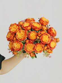 1pc Artificial Romantic Bouquet Of Roses And Peonies – Perfect For Weddings, Home, Desktop Decor, Brides' Bouquets, Autumn Decorations, And Halloween Decor - Orange - View 5
