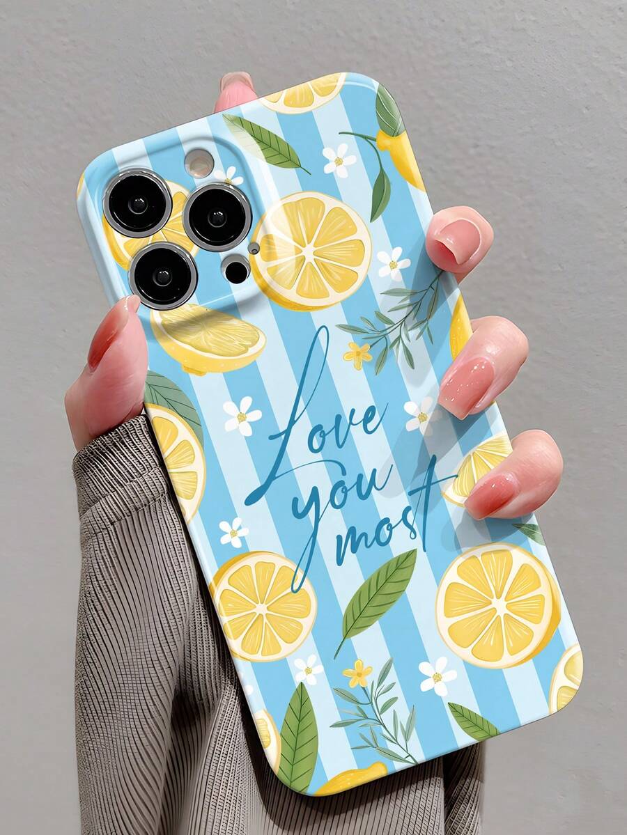 1件 Ins風清新檸檬花葉圖案 穿孔亮面薄膜 全包覆硬殼手機殼 適用於 iPhone 11/12/13/14/15/16 Pro Max - 彩色 - 查看 1