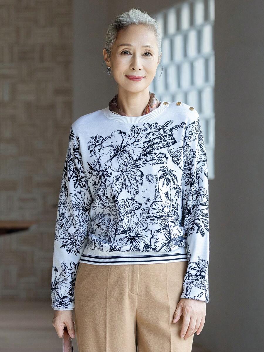 女款時尚風景印花羊毛毛衣,金色鈕扣細節套頭衫,適合萬聖節、感恩節、聖誕節假期穿搭 - 白色 - 查看 1