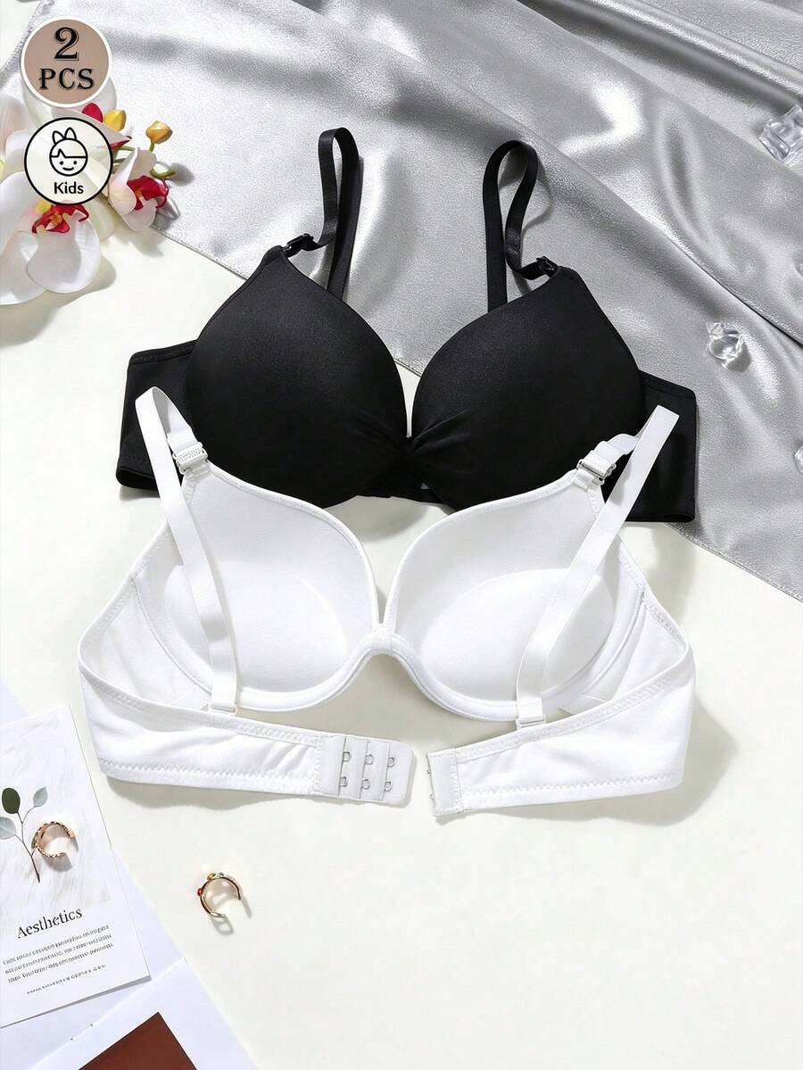 2pcs Thin Padded Push-Up Bra With Ruffle Bow Decoration, Suitable For Teenage Girls - Multicolor - View 1