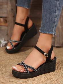 Women's Wedge Heel Thick Sole Summer Sandals, Casual Rhinestone Outdoor Beach Shoes, Shiny Beach Sandals, High Heel Sandals For Summer Dresses - Black (1123) - View 6