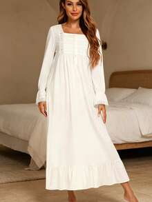 French Style Pure Cotton Spring/Autumn Long Sleeve Fairy Sweet Lace Loose Thin Maxi Nightgown Loungewear - White - View 5