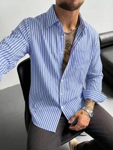 Men's Striped Single-Breasted Casual Versatile Elegant Daily Commute Long Sleeve Shirt - Blue and White - View 3